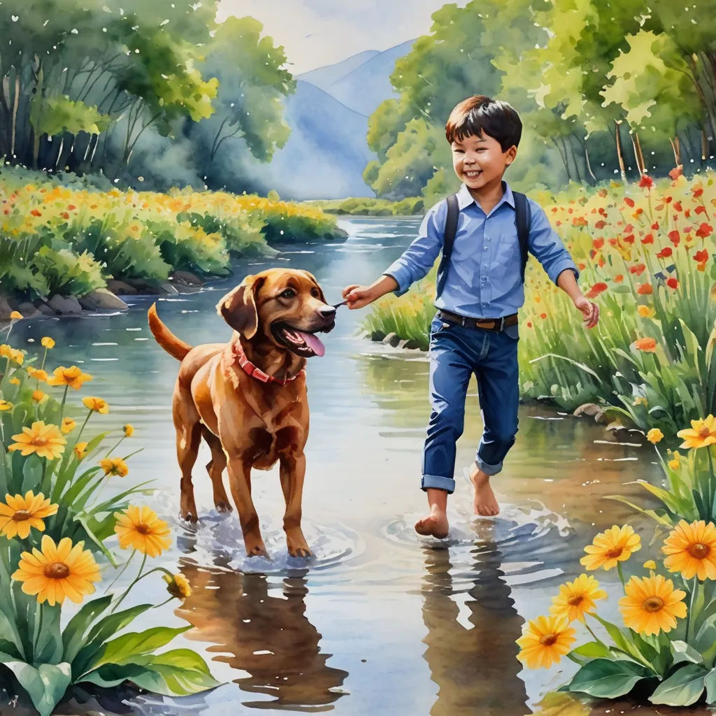 a painting of a boy and his dog walking through a stream of water with flowers in the background and a mountain range in the distance, naive art, a storybook illustration, Choi Buk, highly detailed oil painting