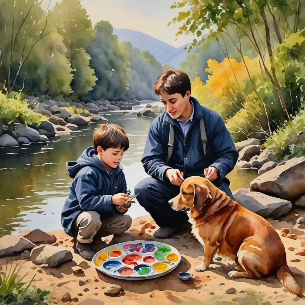 a painting of a boy and a boy with a dog painting a picture of a boy and a dog, american scene painting, a fine art painting, Brothers Hildebrandt, detailed painting