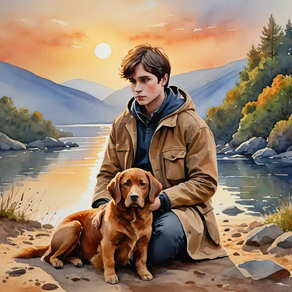 a painting of a man sitting next to a dog on a beach with a sunset in the background and a mountain range in the distance, figurative art, a fine art painting, David Brewster, in gouache detailed paintings