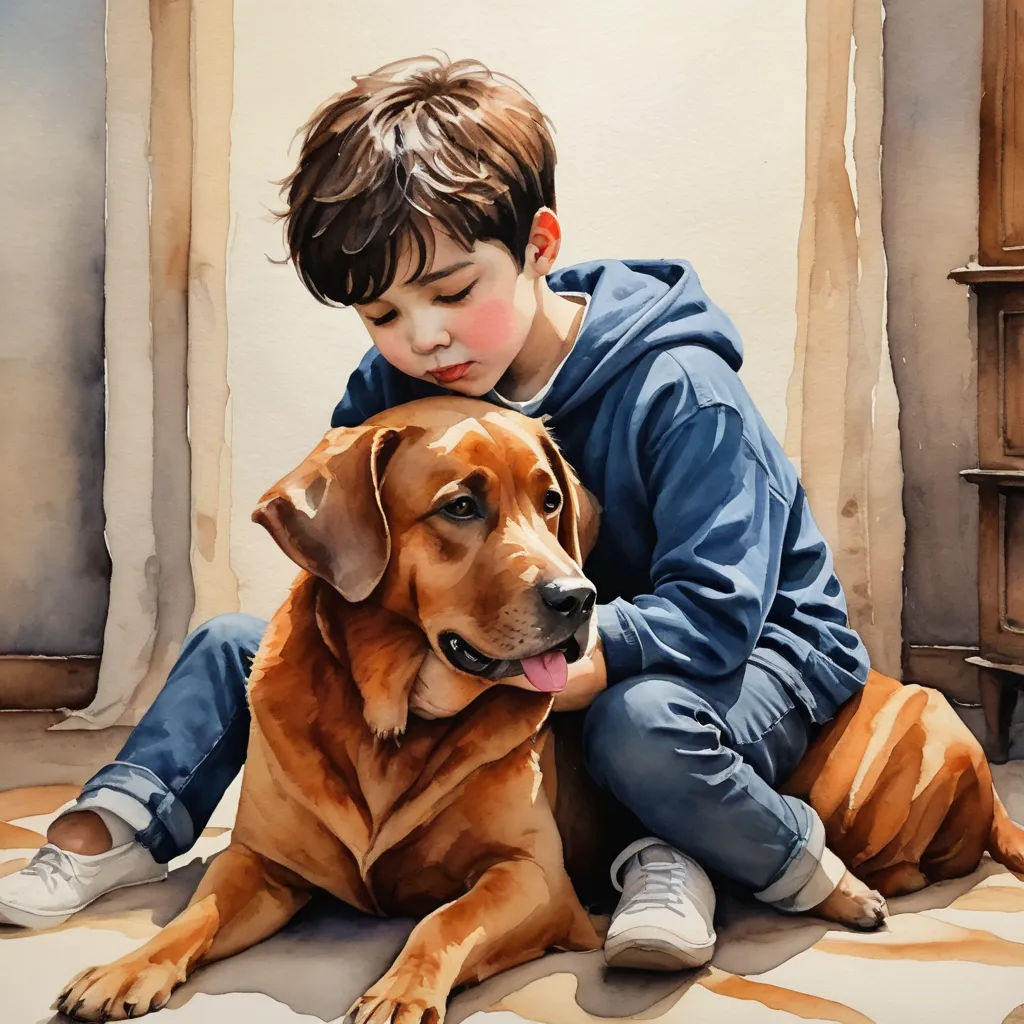 a painting of a boy and his dog sitting on the floor with their paws on their paws, looking at the camera, figurative art, a watercolor painting, Diego Gisbert Llorens, in gouache detailed paintings