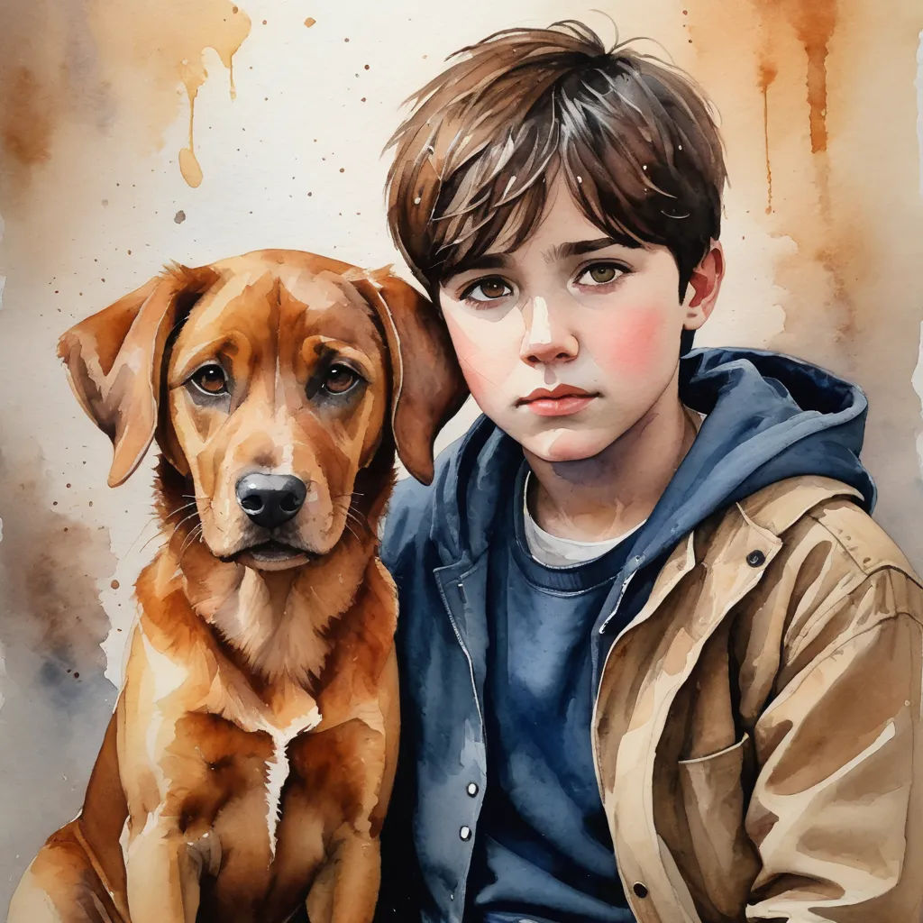 a boy and his dog are sitting next to each other on a painting of a boy and his dog, figurative art, a watercolor painting, Diego Gisbert Llorens, photorealistic portrait