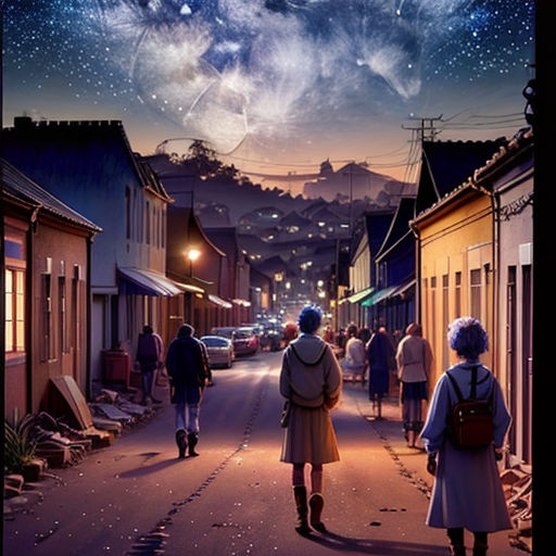a group of people walking down a street under a sky filled with stars and a star filled sky with a lot of stars