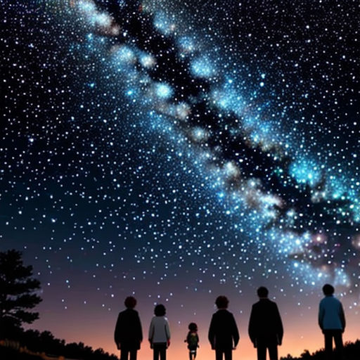 a group of people standing under a night sky filled with stars and a milky filled sky with stars and a bright blue star