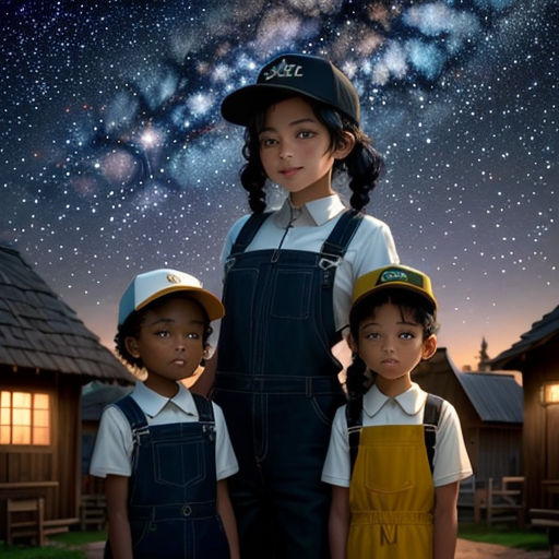 a couple of kids standing next to each other in front of a sky full of stars and a building