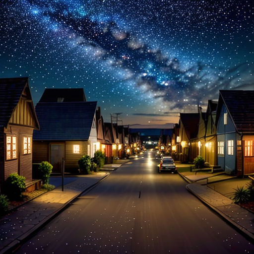 a street with houses and a night sky filled with stars and the milky in the background, with a car parked on the side of the road