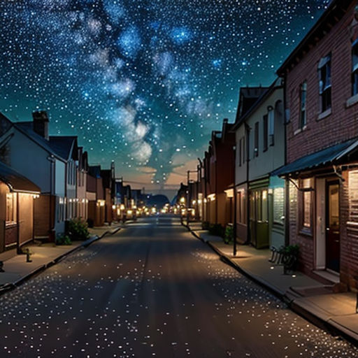 a street with a sky full of stars and buildings on it, and a street light in the middle