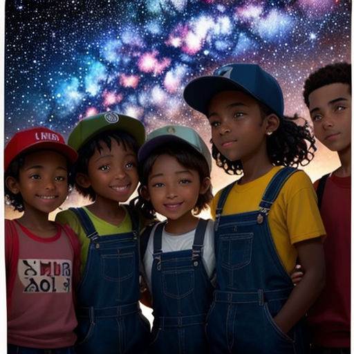 a group of children standing next to each other in front of a painting of a galaxy with stars and a sky full of stars