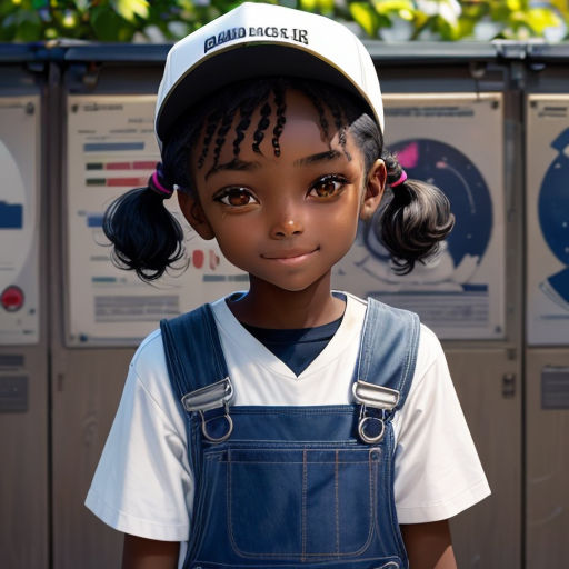 a young girl with a baseball cap and overalls stands in front of a row of washers with a smile on her face