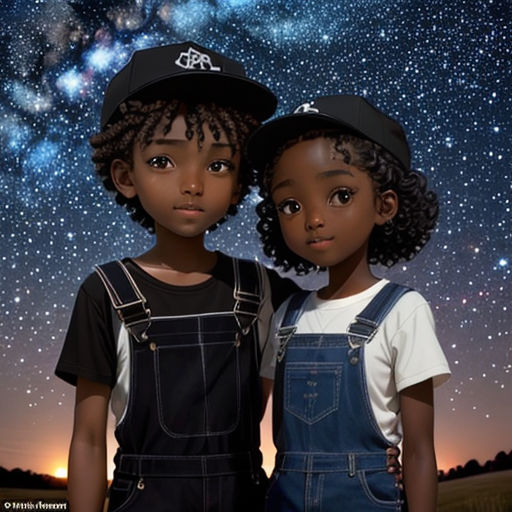 two children standing next to each other under a night sky with stars and a star filled sky behind them
