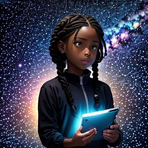 a girl holding a tablet in front of a galaxy background with stars and a star cluster in the background