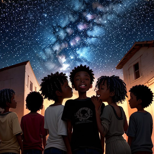 a group of children standing in front of a night sky with stars and a milky background with a bright star filled sky