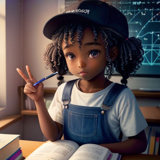 a young girl with a hat and a pencil in her hand sitting at a desk with books and a book
