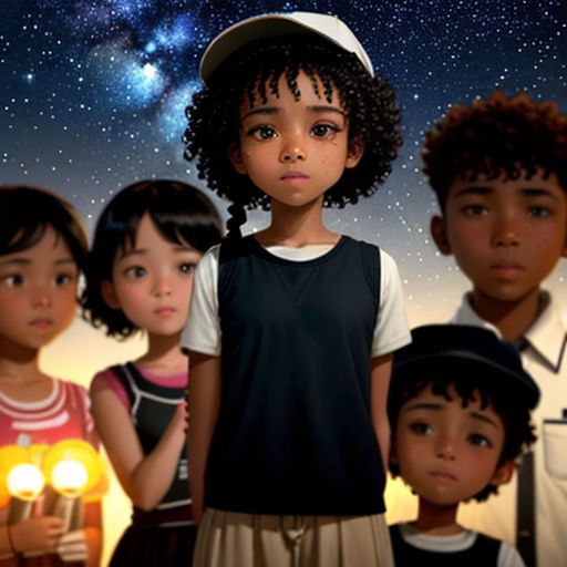 a group of children standing next to each other in front of a night sky with stars and a star filled sky