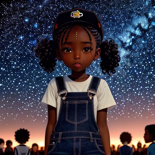 a girl with a hat and overalls standing in front of a night sky with stars and a milky background