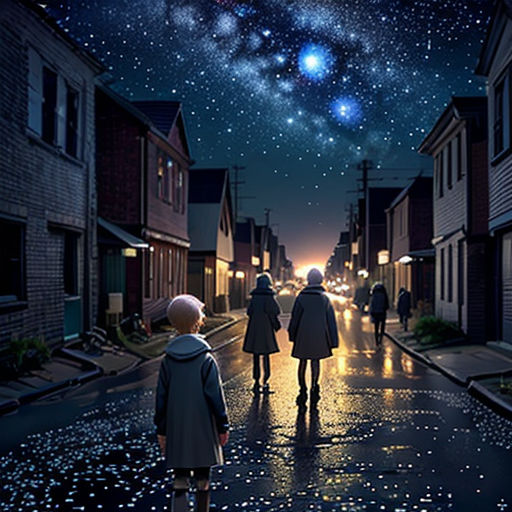 a couple of people walking down a street under a sky filled with stars and a sky full of stars