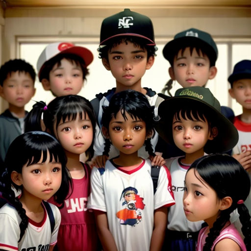 a group of children standing next to each other in a room with baseball caps on their heads and one boy in the middle