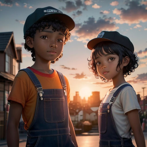 two children standing on a street at sunset with a city in the background and a sky with clouds and buildings