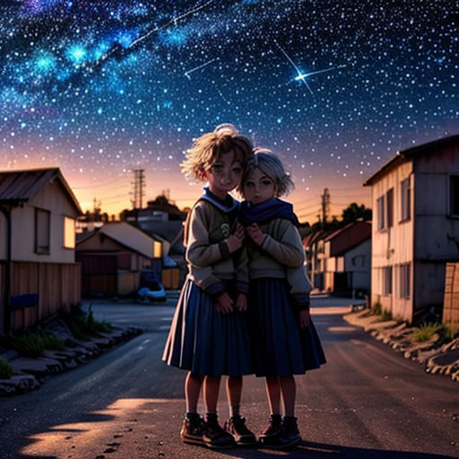 two children standing on a street under a night sky with stars above them and a star filled sky above them