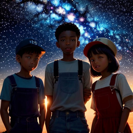 three children standing in front of a night sky with stars and a bright star in the background with a bright star in the sky