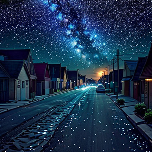 a street with houses and a sky filled with stars and stars in the sky above it is a street lined with houses and a row of houses