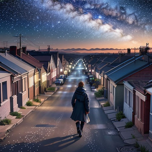 a person walking down a street under a night sky filled with stars and a milky filled sky above them