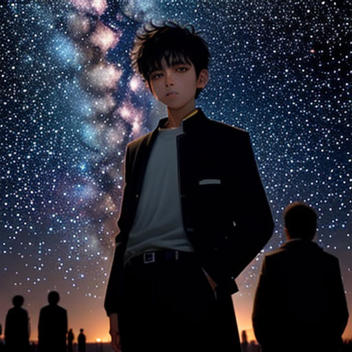 a man standing in front of a sky filled with stars and a sky full of stars behind him is a man in a suit