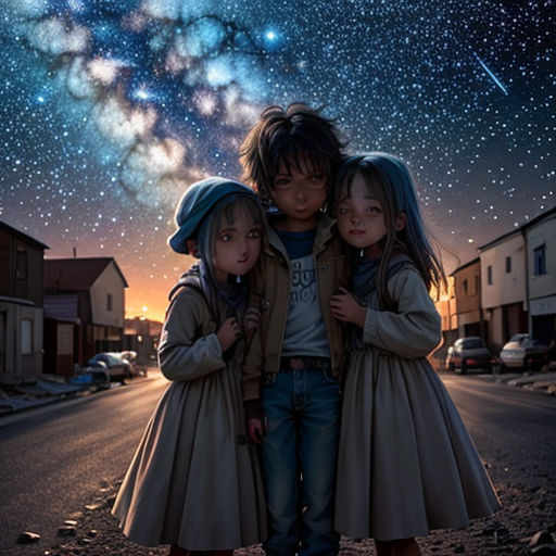 three children standing on a street under a night sky with stars and a milky background with a shooting star