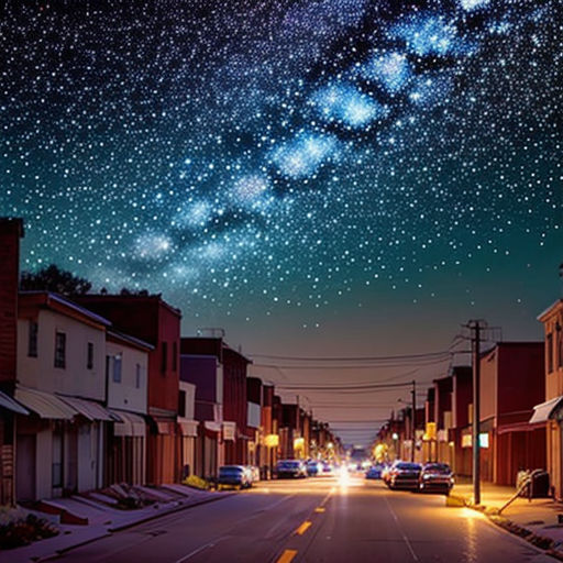 a street with cars parked on the side of it under a night sky filled with stars and the milky