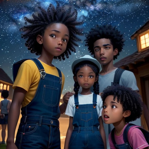 a group of children standing in front of a house under a night sky with stars and a shooting star