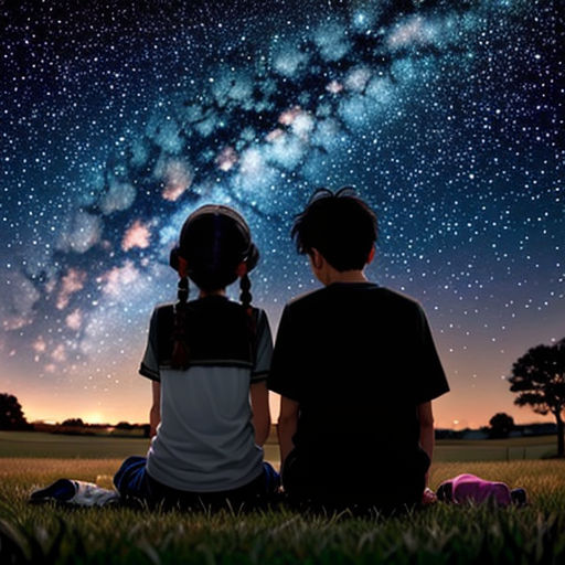 two children sitting on the grass looking at the stars in the sky above them, with the milky in the background