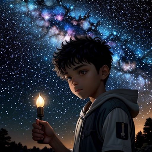 a boy holding a candle in front of a night sky with stars and a milky background with stars in the sky