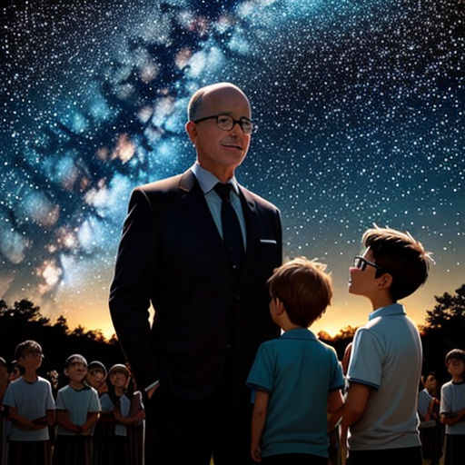 a man and a boy standing in front of a group of people with a sky full of stars in the background