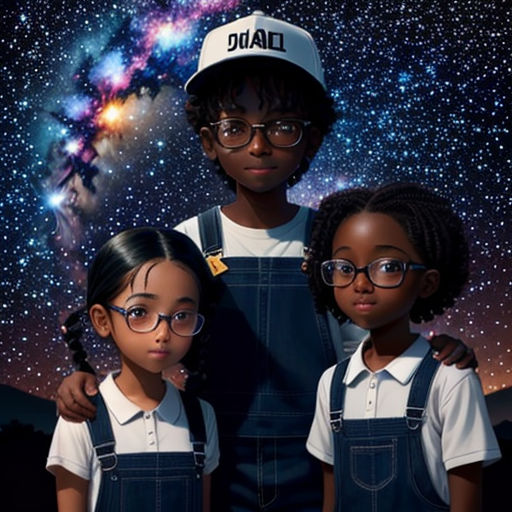 a painting of two children wearing overalls and a hat with a picture of a galaxy in the background