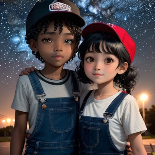 two children are standing in front of a night sky with stars and a bright light in the background, and a person wearing a hat and jeans overalls is standing next to the