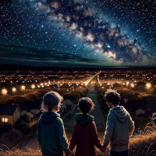 two children looking at the stars in the sky above a town at night with a milky sky and a road