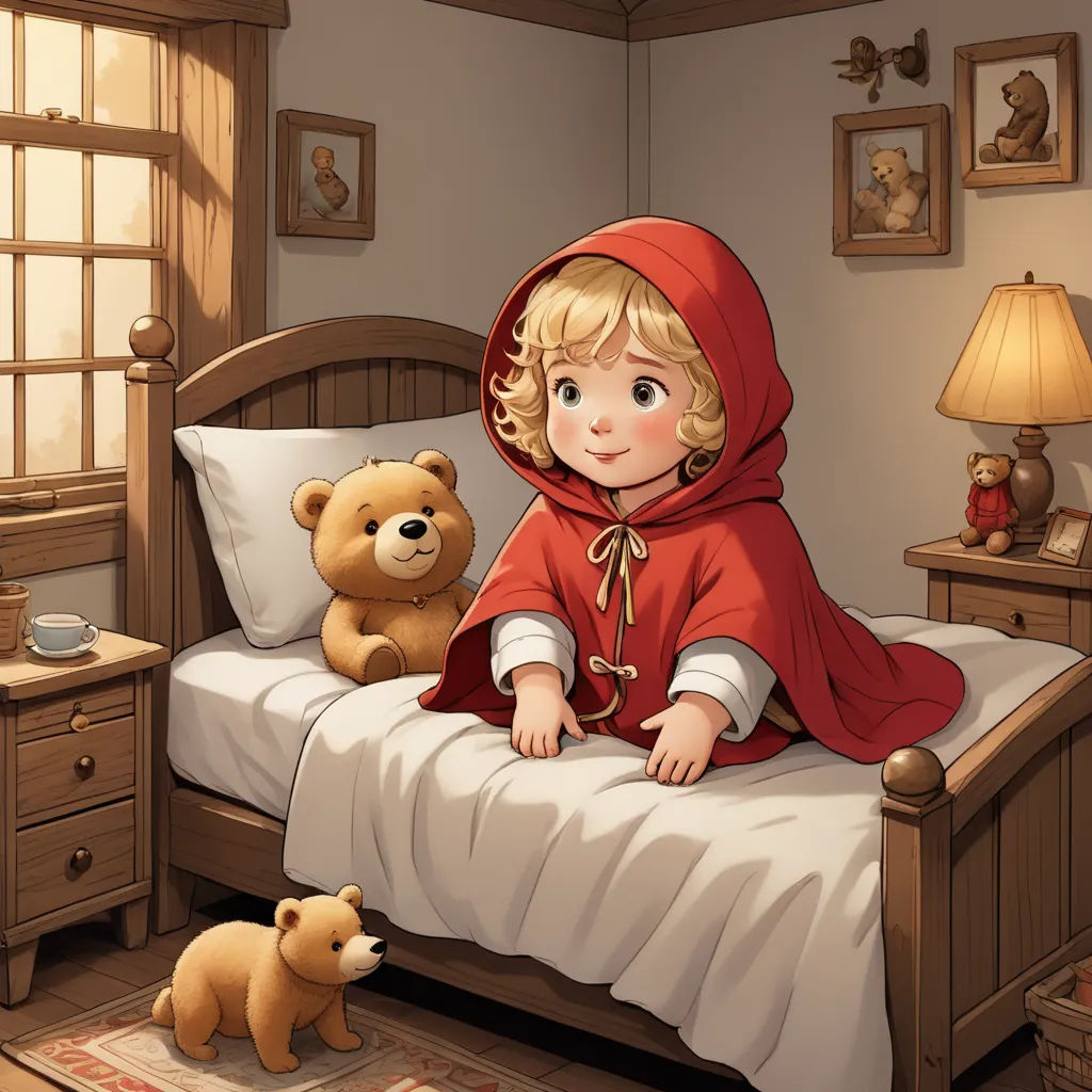 a little girl in a red cape sitting on a bed with a teddy bear and a lamp on the side table, fantasy art, a storybook illustration, Cliff Childs, storybook illustration