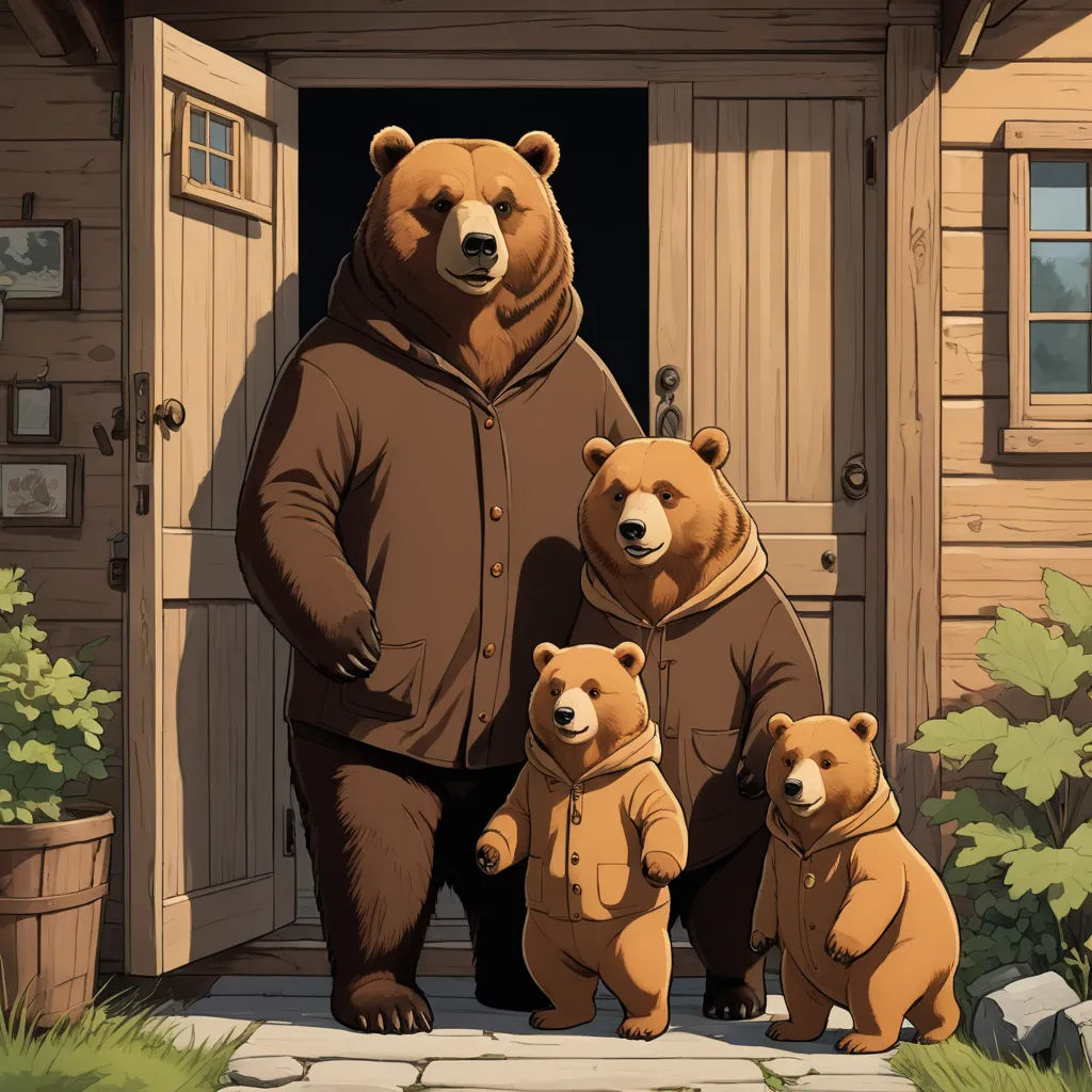 a man in a bear suit standing with three bears in front of a cabin door with a dog and a cat, furry art, a storybook illustration, Chris LaBrooy, ghibli