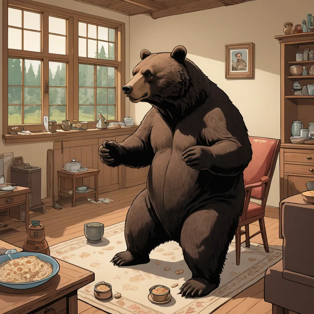 a large bear standing on a rug in a living room next to a table with a bowl of food, furry art, a storybook illustration, Chris LaBrooy, official art