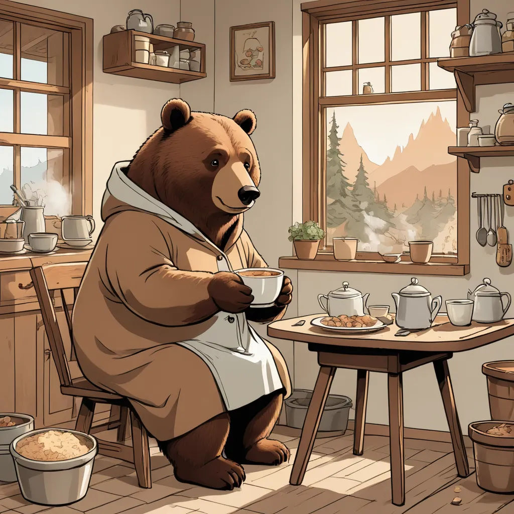 a bear sitting in a chair holding a bowl of food in a kitchen with a table and chairs in front of it, furry art, a storybook illustration, Chris LaBrooy, storybook illustration