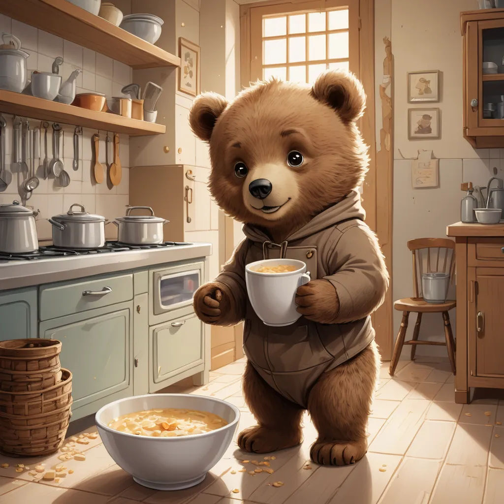 a bear is holding a cup of coffee in a kitchen with a bowl of cereal in front of him, furry art, a storybook illustration, Chris LaBrooy, storybook illustration