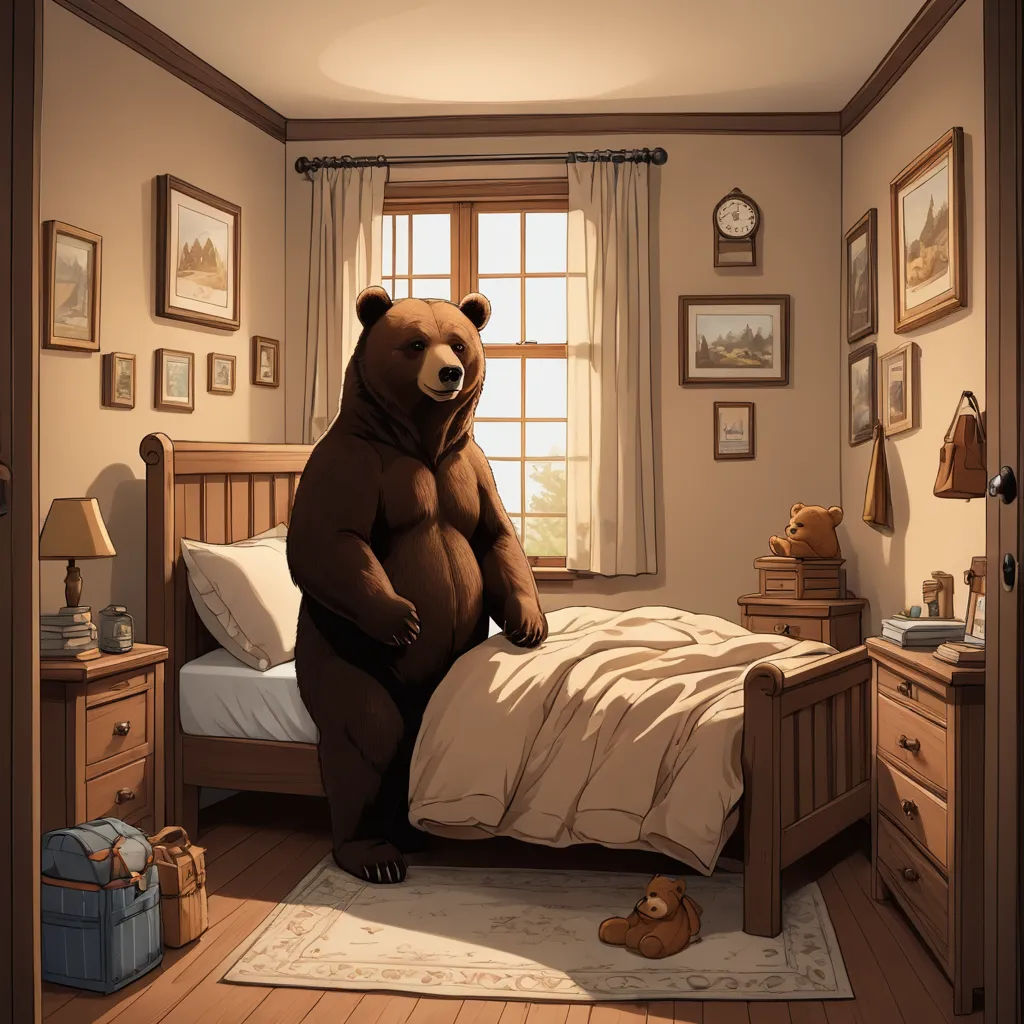 a large bear standing on its hind legs in a bedroom with a bed and dressers and a window, furry art, a storybook illustration, Chris LaBrooy, storybook illustration