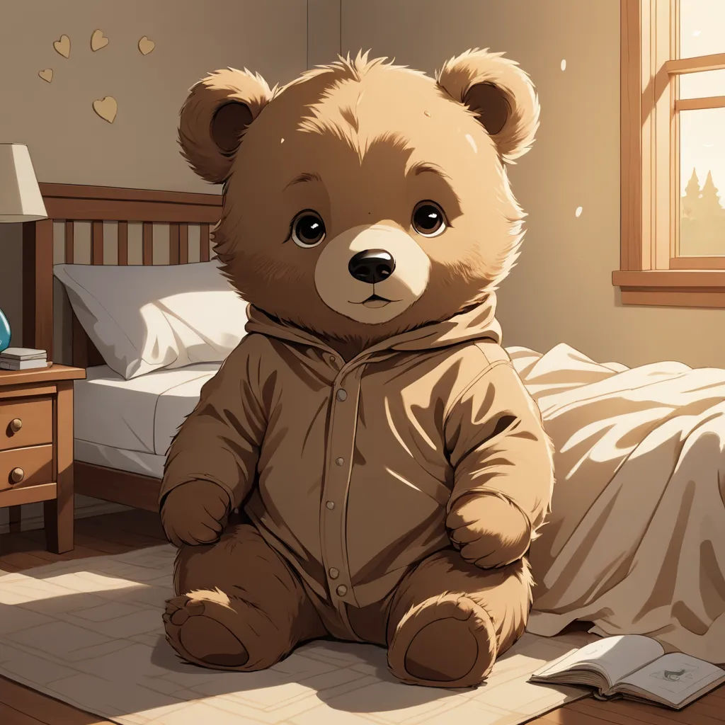 a teddy bear sitting on a bed in a room with a window and a book on the floor next to it, furry art, a storybook illustration, Cyril Rolando, trending on art station