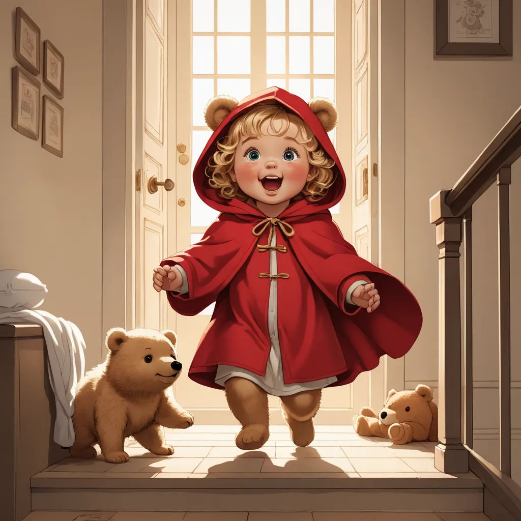 a little girl in a red coat and a brown bear in a hallway with a door open and a teddy bear on the floor, fantasy art, a storybook illustration, Chris Rallis, storybook illustration