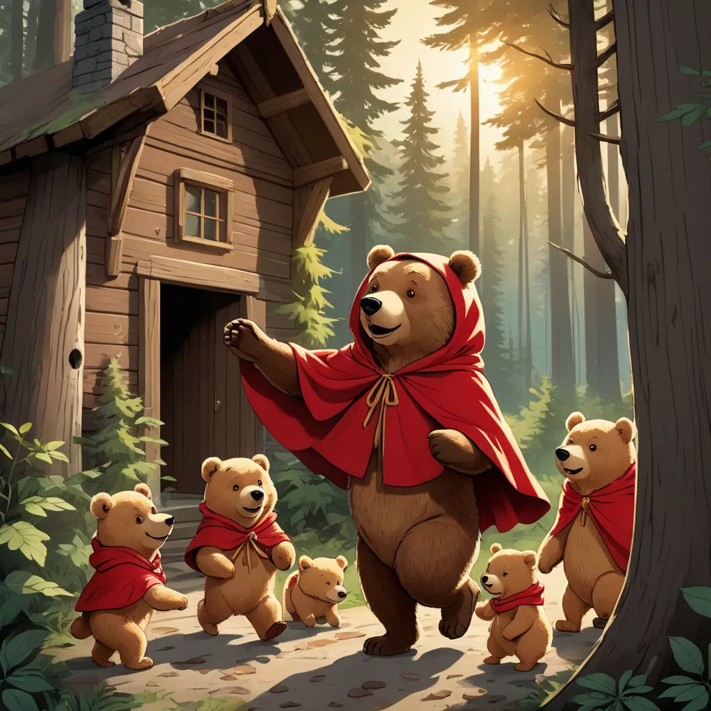 a bear family with a little house in the background and a bear in a red cape and a bear cub, furry art, a storybook illustration, Chris LaBrooy, storybook illustration