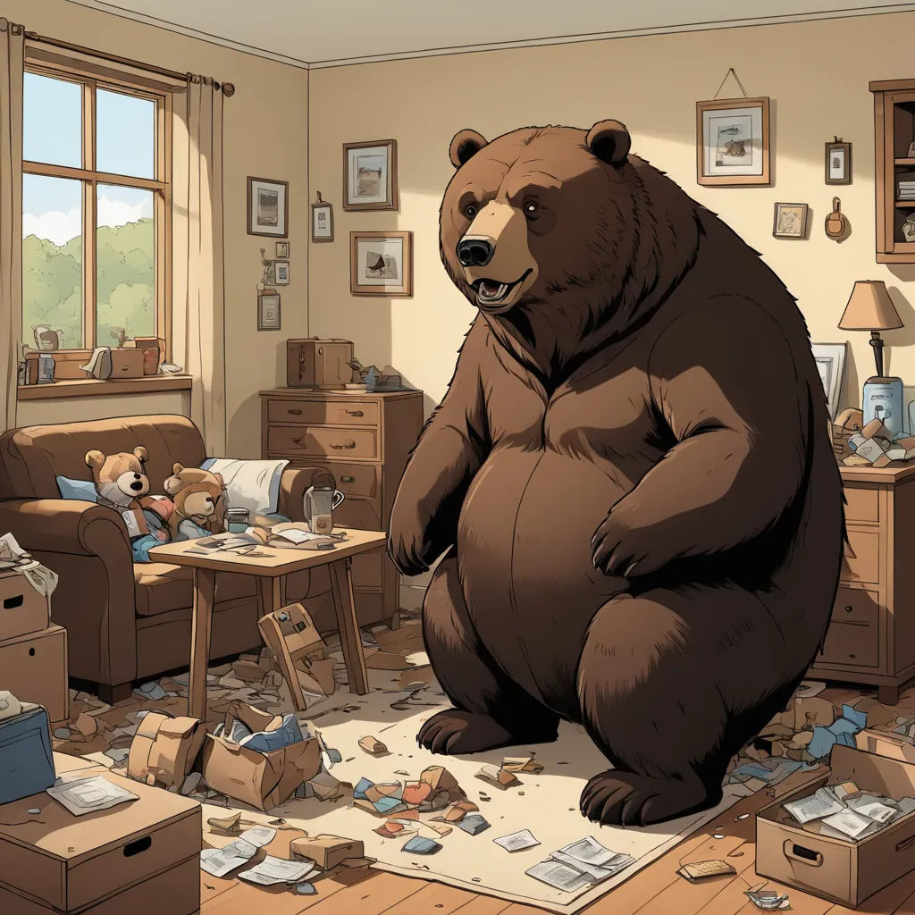 a large bear standing on a pile of boxes in a living room filled with furniture and boxes all around, furry art, a storybook illustration, Chris LaBrooy, furaffinity
