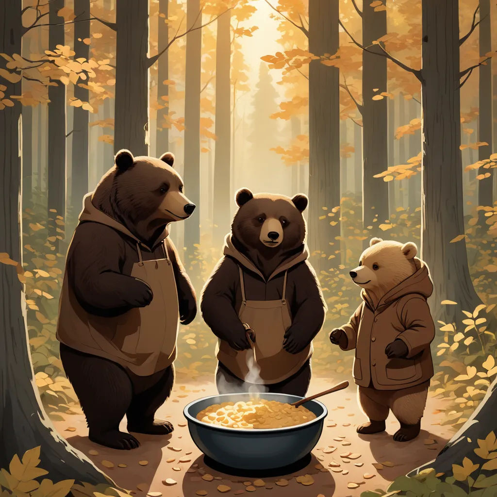 three bears standing in the woods with a bowl of food in front of them and a bowl of food in the foreground, furry art, a storybook illustration, Chris LaBrooy, trending on art station