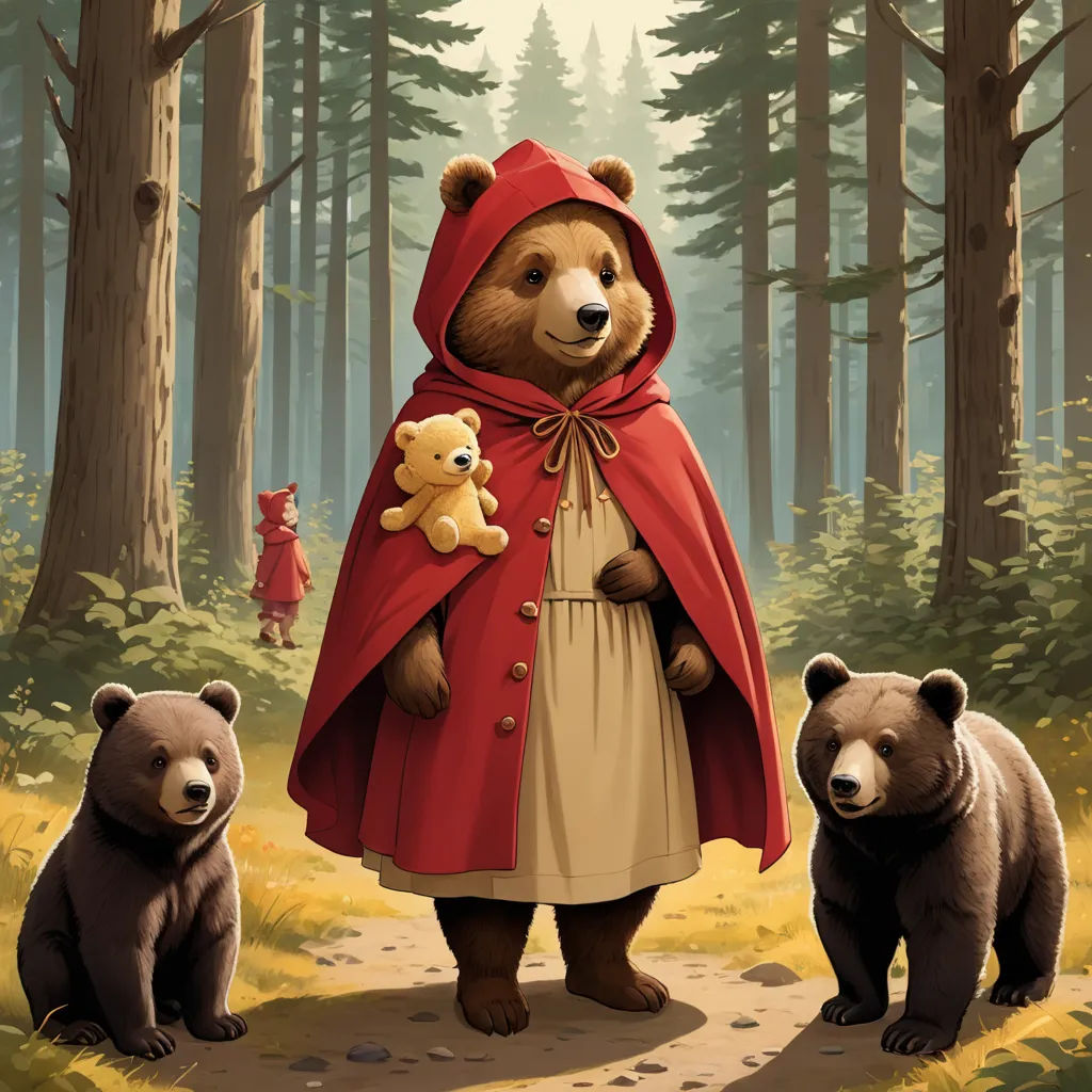 a painting of a bear and two bears in a forest with a red cape on and a red bear on the other side of the bear, fantasy art, a storybook illustration, Chris LaBrooy, storybook illustration