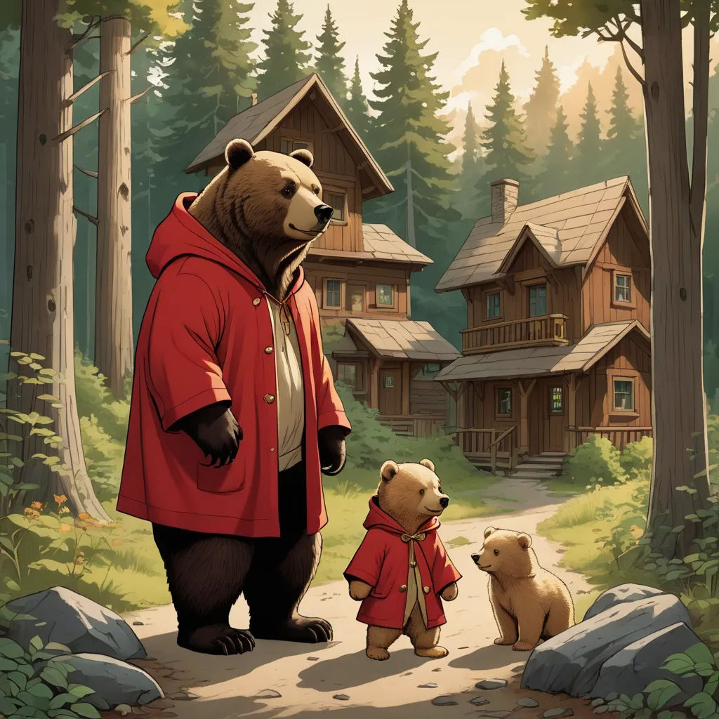 a bear and a bear cub are standing in the woods near a cabin and a bear cub is standing in the road, furry art, a storybook illustration, Aaron Jasinski, official art