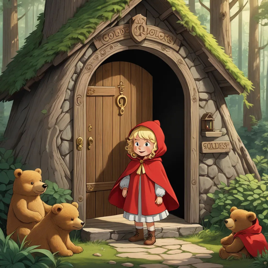 a little girl in a red cape standing in front of a small cabin with bears in the woods around her, fantasy art, a storybook illustration, Dorothy Hood, storybook illustration