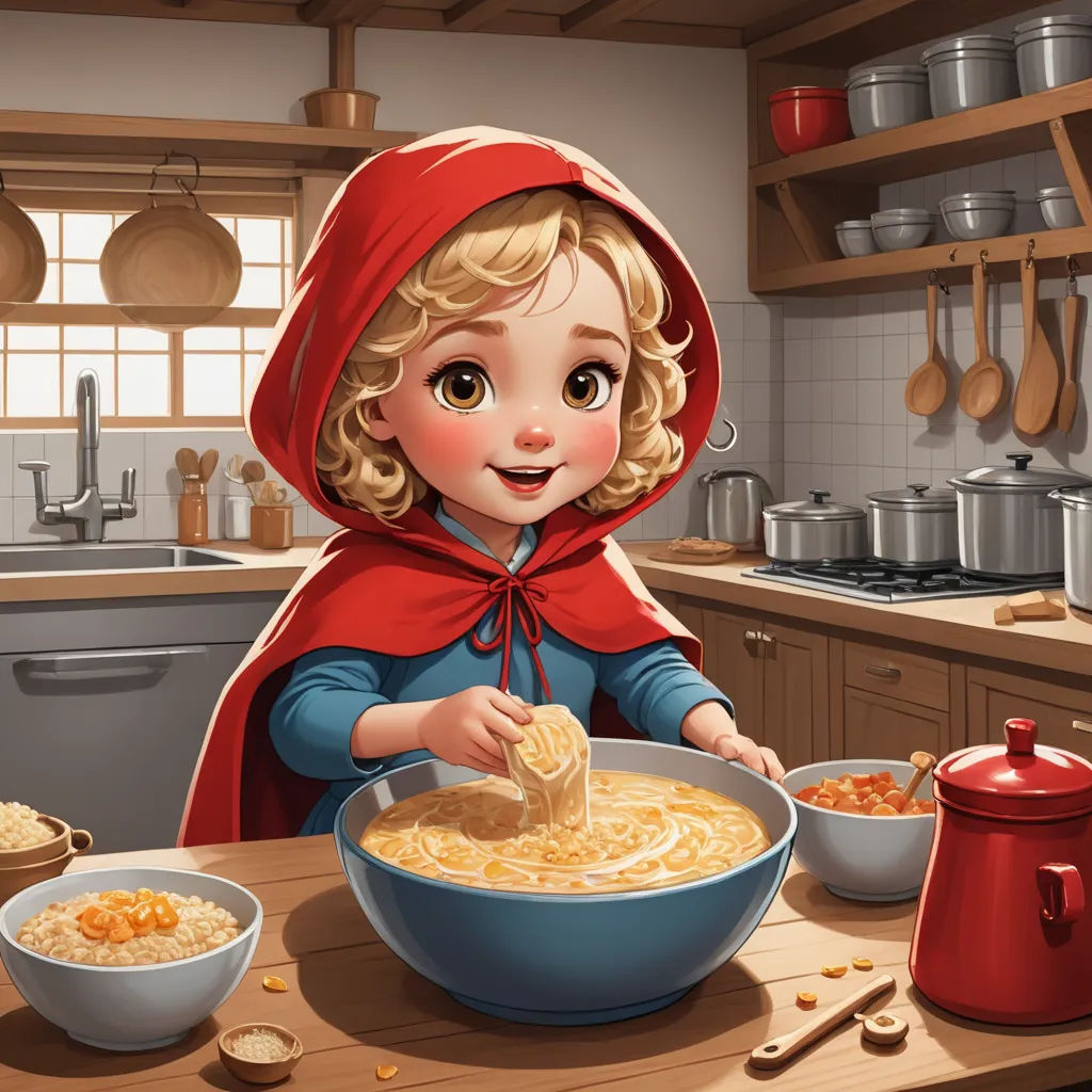 a little girl in a red hoodie mixing a bowl of noodles in a kitchen with a red pot, fantasy art, a storybook illustration, Cliff Childs, storybook illustration